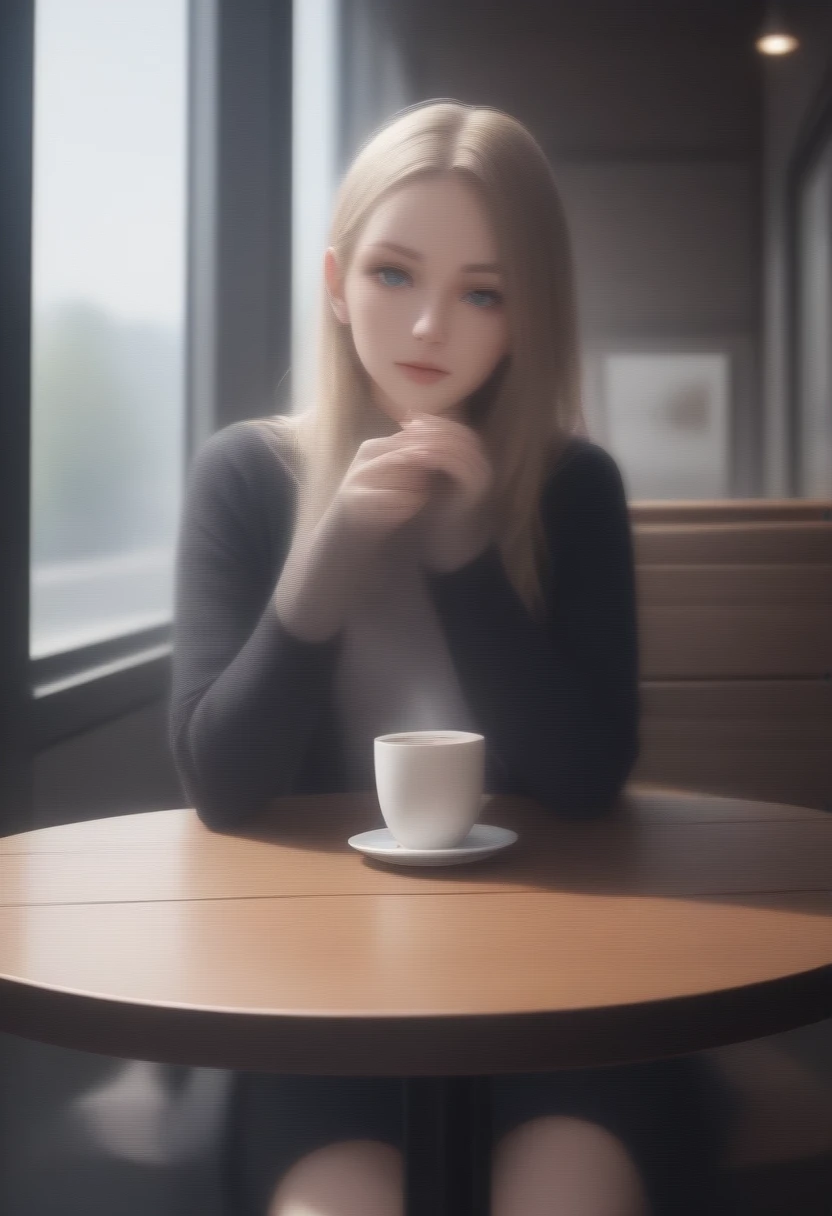 German woman sitting at a cafe table drinking coffee、Emma&#39;s Photo。Window sunlight, Blue Hair, Dynamic pose, Skin Texture, Pale skin, Shiny skin, (slim, small:1.2), [:(Sharp focus on the face, Detailed face, Perfect Eyes, View Viewer:1.2):0.2], Realistic, Film Grain, highest quality, masterpiece