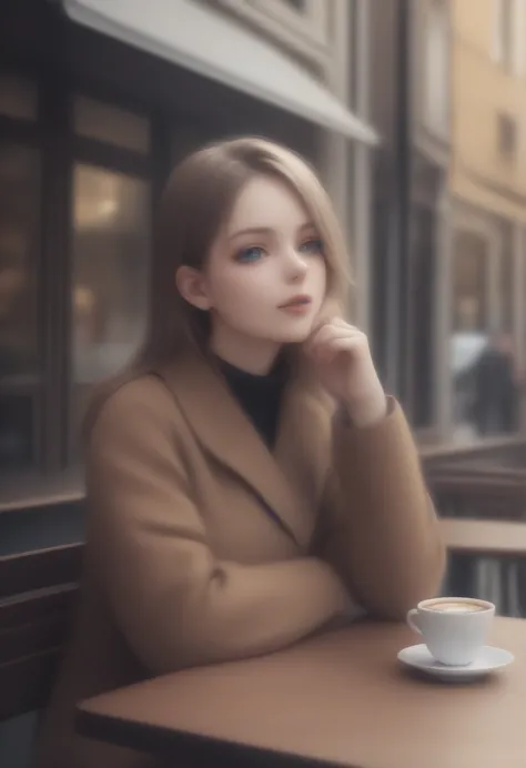 german woman sitting at a cafe table drinking coffee、emma&#39;s photo。window sunlight, blue hair, dynamic pose, skin texture, pa...