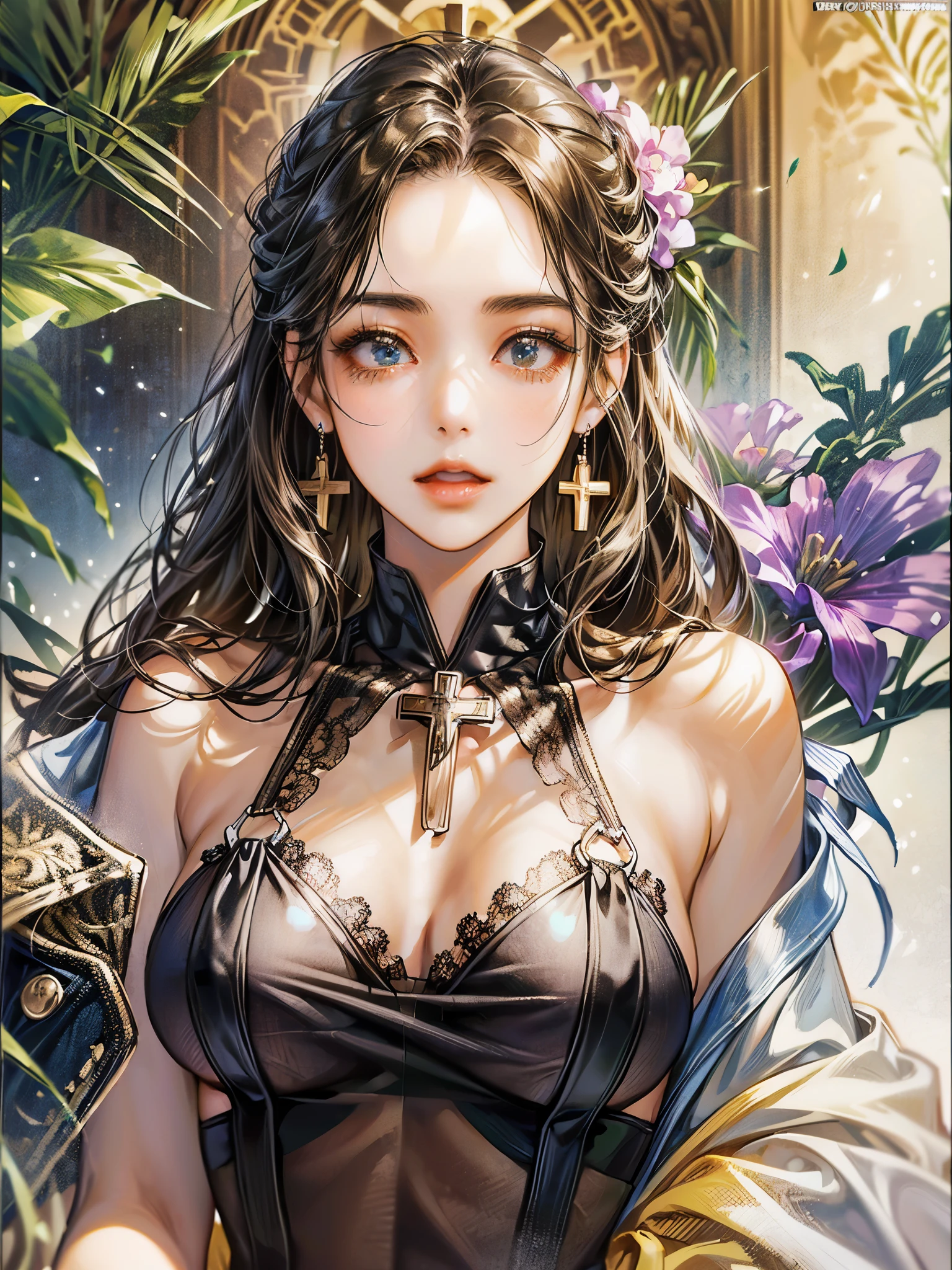 ((Highest quality)),(Ultra-high resolution),(Very detailed),(Detailed Description),((The best CG)),(A masterpiece),Ultra-detailed art,Amazing painting art,(Art with precise detail:1.5), (Woman wearing a cross halter slip dress:1.6),(Side boob:1.8),Beautiful and well-proportioned face:1.6,smile:1.4