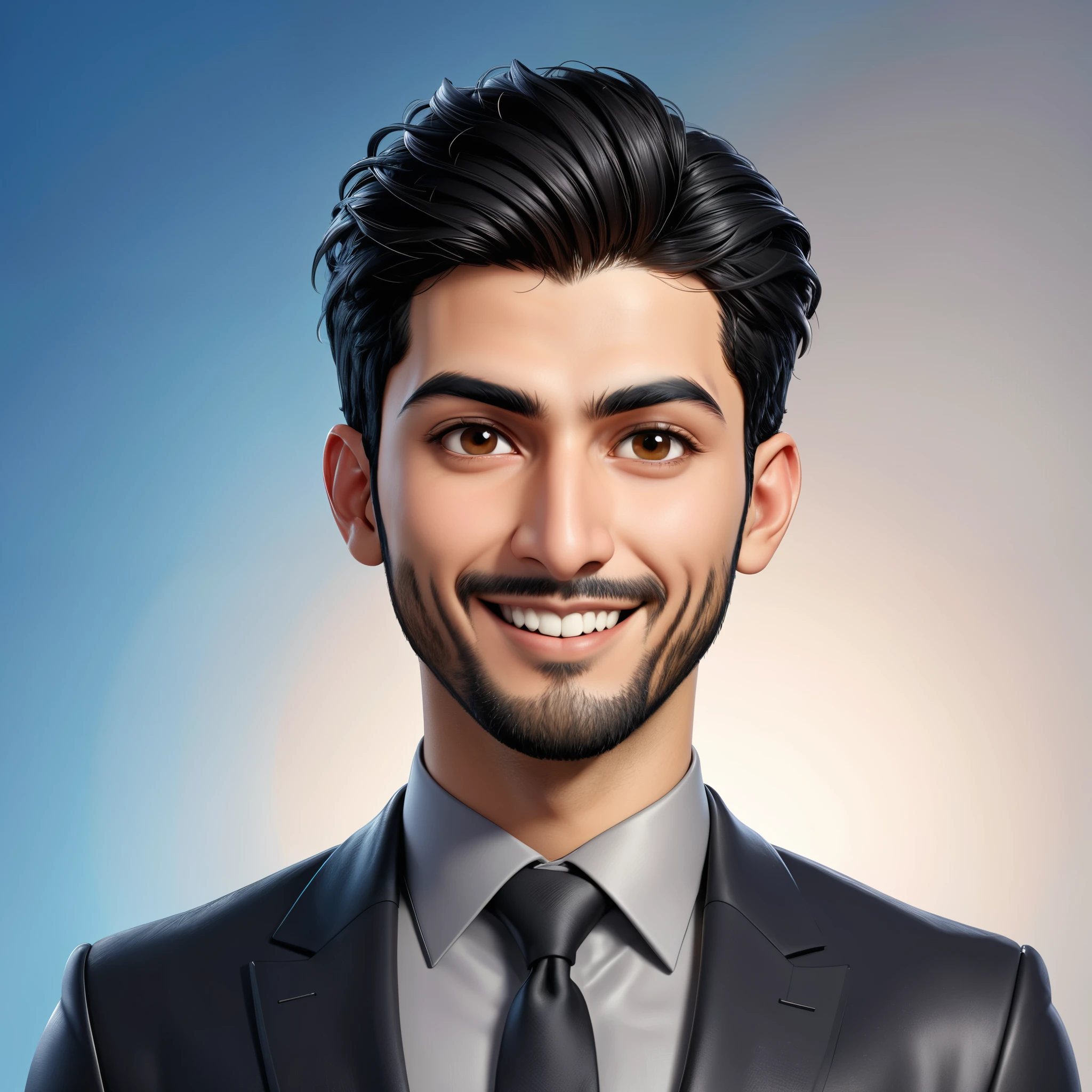 Create a full body portrait of cartoonish caricature 3D animation of a big-headed facing straight to the camera. a 25 years old Pakistani businessman. He has short black pixie cut hair. His face is oval with smooth lines, thick and neat black eyebrows, normal eyes, a small, sharp nose, and thin lips with a wide, friendly smile. He wore a black double breasted suit.  Gradient blue background. masterpiece, top quality, highly detailed skin and face, ultra-realistic, high definition, sharp focus, Concept Art. Front facing, half body portrait, in a office environment

