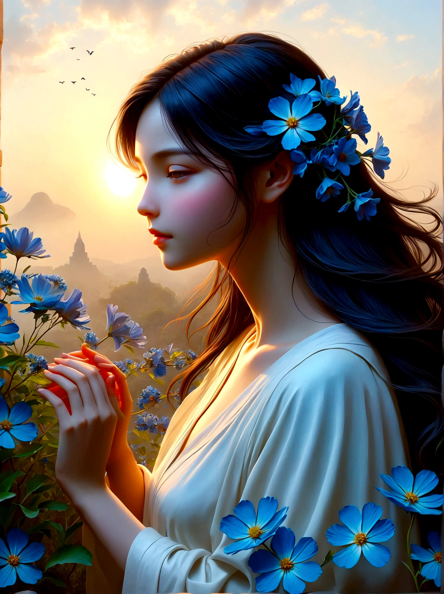 (새벽 일출 시간:1.6)，향기로운 정원에서, 눈 먼 소녀가 거기 서 있었어요，두 팔을 벌려, 그녀가 만난 꽃잎을 부드럽게 만져보세요, 자연과 달콤한 푸른 꽃과 연결, 개인은 광활한 하늘 아래 경외감과 놀라움으로 우뚝 서 있습니다., 그들의 실루엣은 생생한 아침 햇살과 극명한 대조를 이룹니다, 그들은 깊은 생각에 잠겨 있는 상태입니다, 주변의 고요한 분위기는 평온함과 고독을 말해줍니다., 관점은 자연 요소로 가득한 숨막히는 풍경의 광대한 범위를 강조하는 광각 뷰입니다., 이미지는 빛과 그림자를 효과적으로 사용하여 드라마틱하고 웅장한 느낌을 불러일으켜야 합니다..
