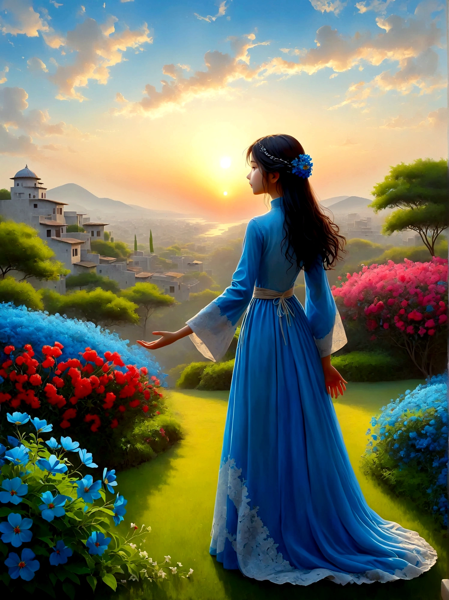 (夜明けの日の出時刻:1.6)，香り豊かな庭園で, 盲目の少女はそこに立っていた，腕を広げて, 出会った花びらに優しく触れる, 自然と愛らしい青い花とのつながり, 広大な空の下で、畏敬の念と驚きをもって堂々と立っている人物, 彼らのシルエットは鮮やかな色の朝の光と対照的である, 彼らは深い思索の境地にある, 周囲の穏やかな雰囲気は静寂と孤独を物語っている, 視点は広角ビューで、自然の要素に満ちた息を呑むような風景の広大な範囲を強調しています。, 画像は光と影を効果的に使用してドラマチックさと壮大さを感じさせるものでなければならない。.