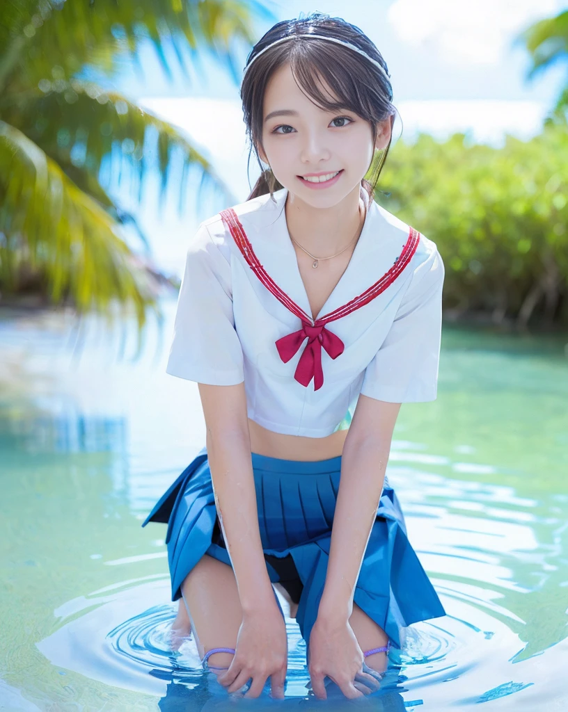 (NFSW)、(High resolution:1.5)、Highest quality,Very detailed,masterpiece,Super detailed,alone,(One 12 year old girl),((Summer School Uniforms:1.5)), Seraphim, ((skirt:1.5)),  smile, Thigh fetish images: 1.5、(((barefoot)))、(Her thighs and white bikini reflected in the clear blue water)、(reflected in water:1.5)、((I can see the white string panties:1.5))、(Cleavage)、((Clear blue seawater))、Summer sun、はしゃいだsmile、Beautiful Eyes、(pull-out-panties)、(Panties on knees)、Big necklace and tiara、The water is marine blue、(((Glossy thighs)))