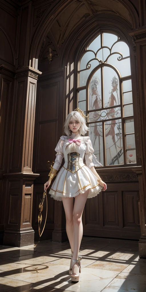 portrait, long hair, white hair, golden eyes,  1girl, head, face, magical girl, absurdres, masterpiece, best quality, magical girl costume, ((mahou shoujo)), short hair, desolation, ruins, dynamic pose, apocalypse, spellcasting, Style-Glass, full body shot