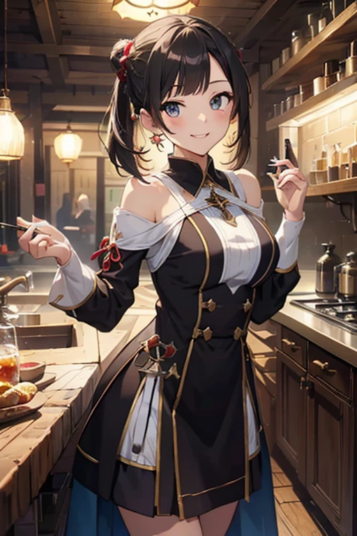 (ファンタジー:1.5),(アニメ,8K,傑作, 最高品質, 最高品質,美しく、審美的:1.2,プロのイラスト:1.1,超詳細:1.3,完璧な照明),非常に詳細な,最も詳細な,信じられないほど不条理な , 高解像度, 超詳細ed,複雑な:1.6,(錬金術ワークショップ:1.4),A 女の子 mixing,多くの小さな瓶に入った薬,小さなポーションを持っている,カラフル:1.4,もつれた,(1女の子),(女の子),(三国志の女性戦士),(非常に精巧な美しい顔と目,張りのある胸),油性肌,((黒,髪,short bob with short pony tail 髪)),thin pubic 髪,かわいい,素敵な,34歳,錬金術師の衣装,商人の服,笑顔,台所に,笑顔,誘惑的な弱々しい笑顔,(with sparkling eyes and a contagious 笑顔),口を開ける, 視聴者を見る, 