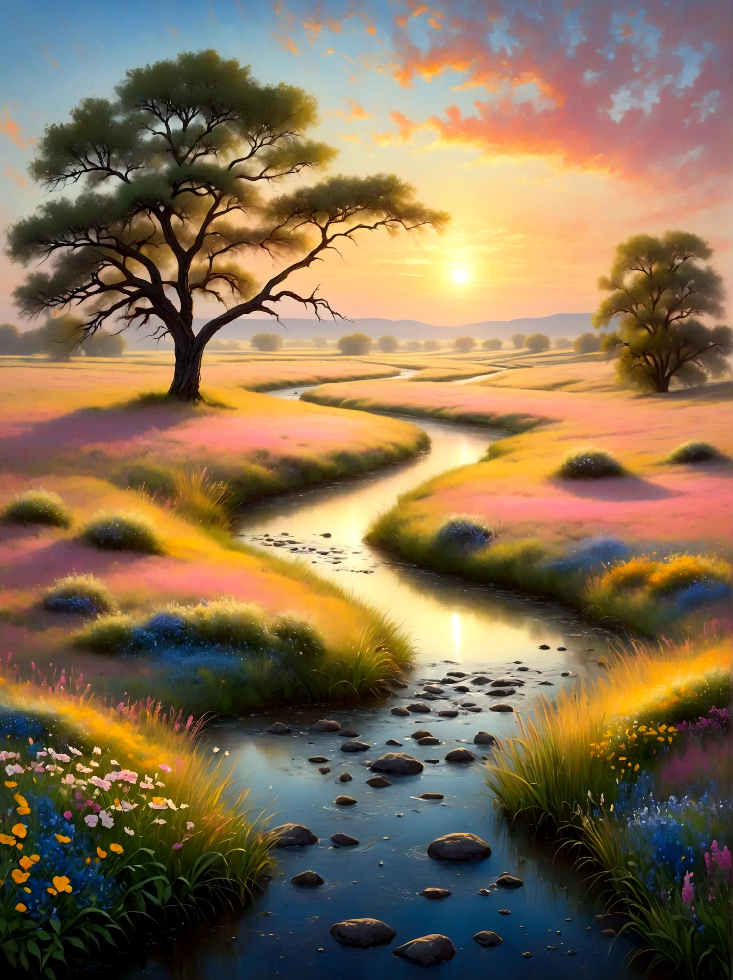 (Sunrise Time:1.6), A serene image of an enchanting landscape at dawn. The sky is painted with the first light of day - soft pin...
