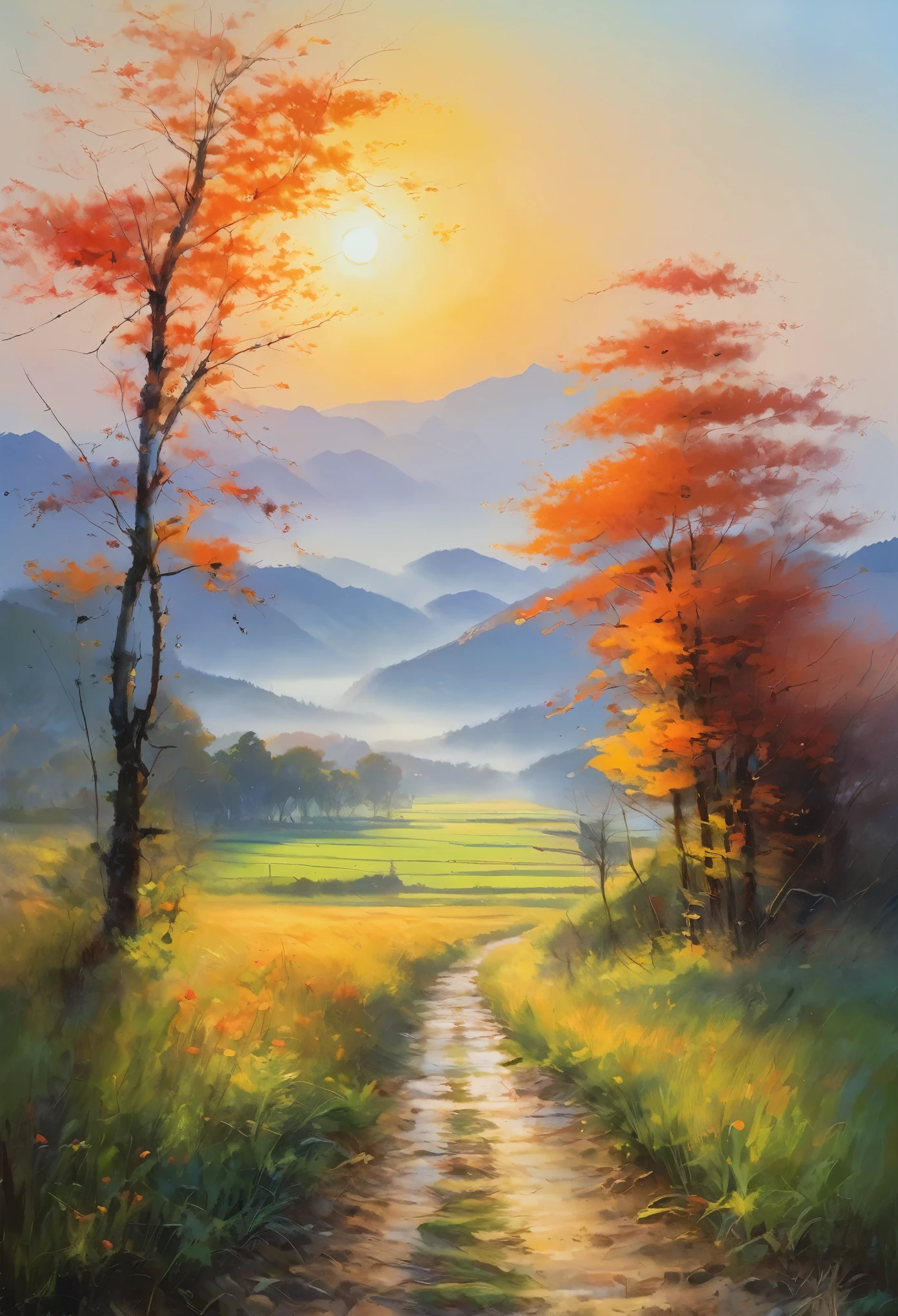 Pintor de Luz, Pintura Impressionista, óleo, Cenário do nascer do sol em Satoyama, A floresta é retratada com ousadia, Pinceladas improvisadas、Vista distante das montanhas rochosas, Completamente envolto em neblina, Acentuado com o sol nascente, Xu々Expressando o céu iluminado, As cores suaves e as pinceladas suaves criam uma atmosfera calmante..。O foco da imagem está na impressão、A pintura em si é uma obra-prima、Frase Perfeita、Pinceladas ousadas、Sentimento impressionista, A misteriosa beleza daquele momento, Melhora o apelo estético geral。iluminação quente、O espectador é capaz de mergulhar na serenidade e beleza do momento retratado.。A imagem é、Capturando verdadeiramente a essência da pintura、A mais alta qualidade com alta resolução e renderização ultradetalhada。O estilo de arte é、Ênfase na expressão realista e fotorrealista、伝統的なóleoの技法を反映。A cor é quente e atraente、Destaque as cores ricas de um pôr do sol、Adicione profundidade e dimensão a toda a cena。