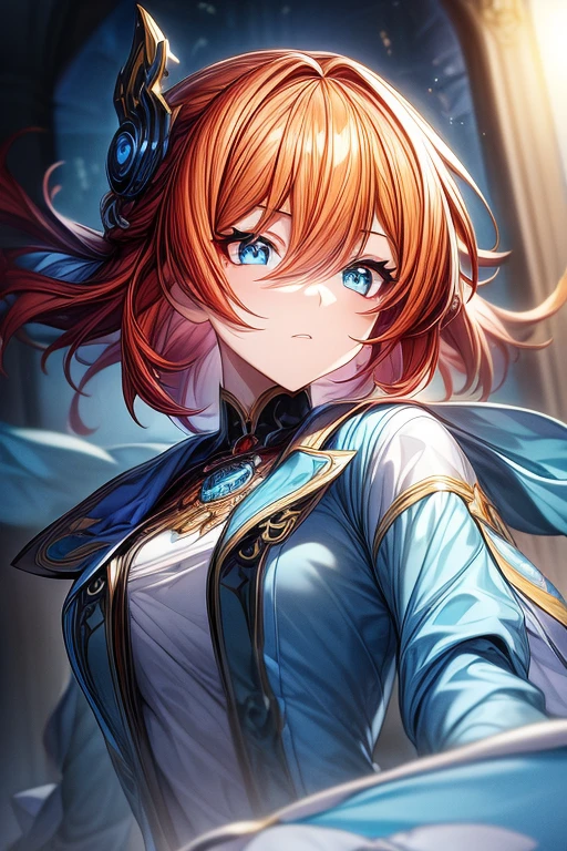 (masterpiece, best quality, perfect face, expressive eyes), 1girl, (anime), (adult), blue eyes, orange hair, blue jewelry, white coat, intricate details, 