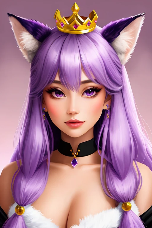 带有九条狐尾的薰衣草色狐狸, 紫色的眼睛, 头上戴着水晶王冠
