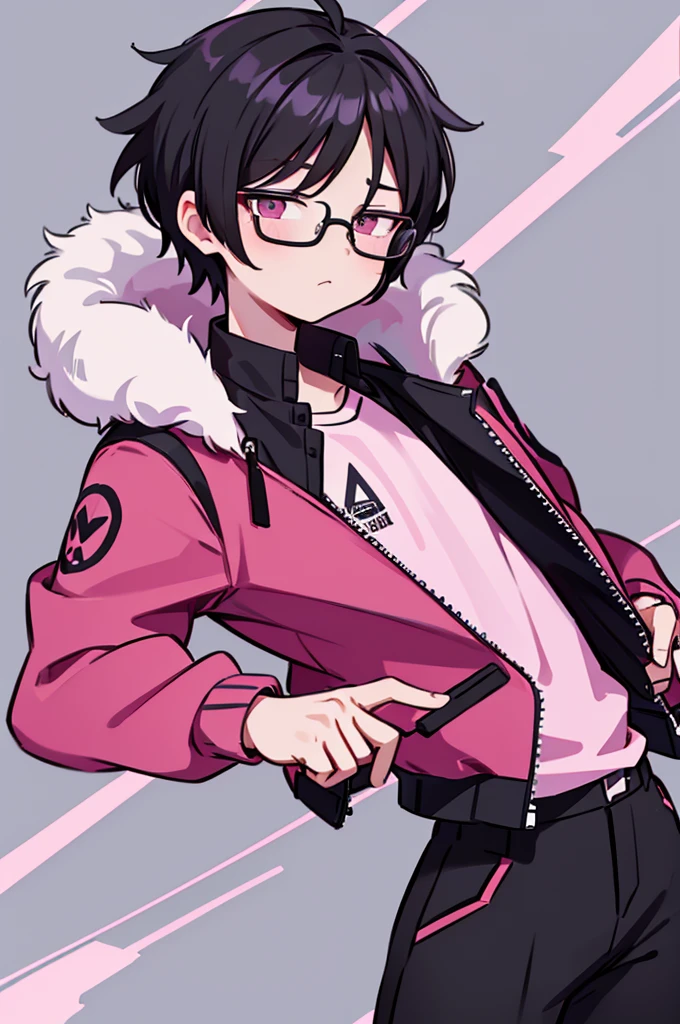 black pants, Sharp image, man, Black hair with pink ends, wearing a pink jacket. , has a dull, bored face, wears round glasses, has short, neat hair,