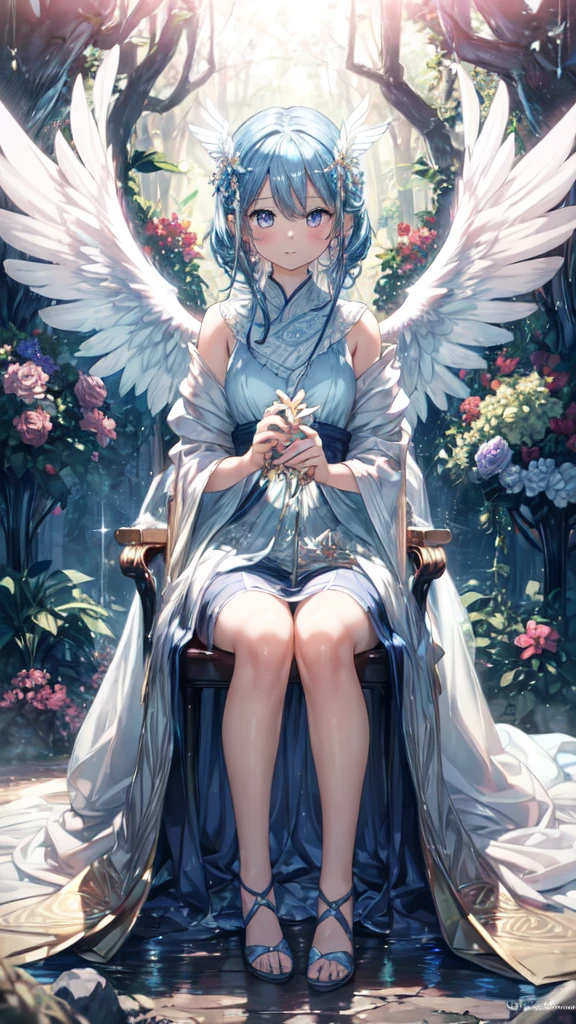 ((masterpiece, sidelighting, finely detailed beautiful eyes: 1.2)), ultra-detailed, ultra high res, professional lighting, high quality makeup, beautiful detailed eyes, sexy, beautiful, big eyes, (drooping eye:1.2), 1girl, solo, alone, slender body, (Circle of Angels:1.1), (Angel Wings:1.1), blue sapphire eyes, wide sleeves, outdoors, forest, full body, highest quality, ultra detailed, Soft light,  (rime:1.3), Extremely cute, (extremely detailed beautiful face), Authentic skin texture, beautiful hair, beautiful face, beautiful eyes, beautiful body, beautiful hands