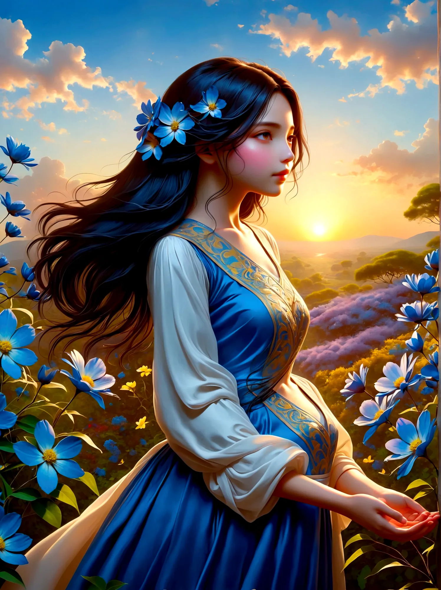 (Dawn sunrise time:1.6)，In the fragrant garden, The blind girl stood there，Open your arms, Gently touch the petals she encounter...