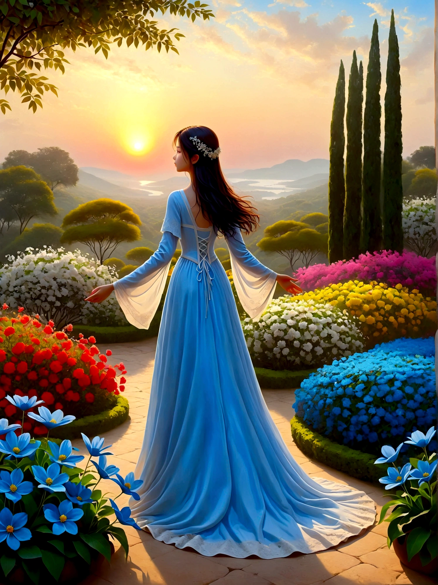 (เวลาพระอาทิตย์ขึ้นยามเช้า:1.6)，ในสวนอันหอมกรุ่น, สาวตาบอดยืนอยู่ตรงนั้น，เปิดแขนของคุณ, สัมผัสกลีบดอกไม้ที่เธอพบอย่างอ่อนโยน, เชื่อมต่อกับธรรมชาติและดอกไม้สีฟ้าแสนหวาน, แต่ละคนยืนสูงด้วยความตกตะลึงและสงสัยภายใต้ท้องฟ้าอันกว้างใหญ่, ภาพเงาของพวกเขาตัดกันอย่างสิ้นเชิงกับแสงยามเช้าที่มีสีสันสดใส, พวกเขาอยู่ในสภาวะคิดใคร่ครวญอย่างลึกซึ้ง, บรรยากาศอันเงียบสงบรอบตัวพวกเขาบ่งบอกถึงความเงียบสงบและความสันโดษ, มุมมองจากมุมมองมุมกว้างเน้นขอบเขตอันกว้างใหญ่ของภูมิทัศน์ที่น่าทึ่งซึ่งเต็มไปด้วยองค์ประกอบทางธรรมชาติ, รูปภาพควรทำให้เกิดอารมณ์ดราม่าและยิ่งใหญ่ด้วยการใช้แสงและเงาอย่างมีประสิทธิภาพ.