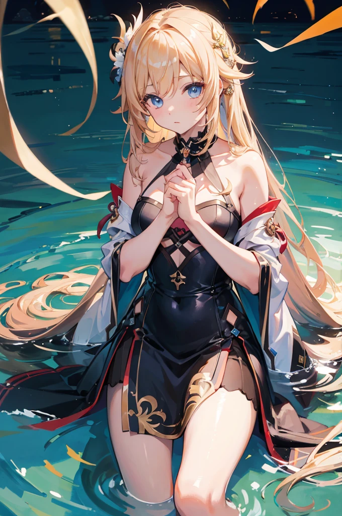 masterpiece,Highest quality,One girl,sinking river_\(Genshin Impact_Impact\),alone,length_hair,chest,hair_that&#39;s all_One_eye,dress,hair_ornament,black_dress,lanthanum,前hair,Chinese_Clothes,Earrings,jewelry,green_eyes,