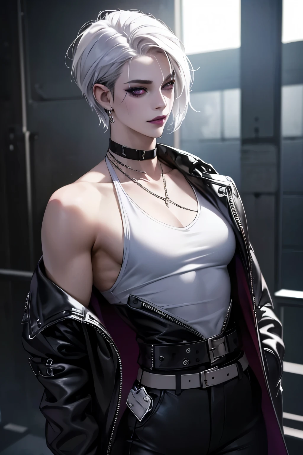 a punk girl, student, hooligan, short messy white hair, purple eyes, black punk clothes, punk, chains, black sleeveless top, baggy black pants, sadistic smile, aggressive, dark purple lipstick, thug, (best quality,4k,8k,highres,masterpiece:1.2),ultra-detailed,(realistic,photorealistic,photo-realistic:1.37),cinematic lighting,dramatic shadows,gothic,dark fantasy,moody,dramatic, leather jacket hanging from the shoulders pumped up muscles