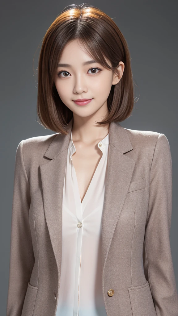 (Very detailed CG Unity 8k 壁紙, Highest quality, Very detailed, Looking at the camera:1.2, The light shines on your face:1.5, Gray background, Professional Lighting), Japan female, 26 years old, Upper body composition with brightly lit face. She has an oval face, Soft arched eyebrows, bright expressive eyes,, pronounced nose, And a friendly smile. Her hair is shoulder-length, straight, Dyed a light chestnut color. She is wearing a smart casual blouse, Probably soft colors, Paired with a chic blazer, Embody her lively and sociable personality