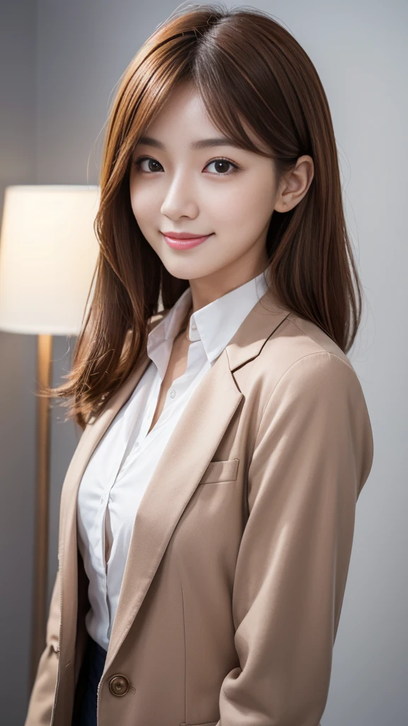 (Very detailed CG Unity 8K 壁紙, Highest quality, Very detailed, Looking at the camera:1.2, The light shines on your face:1.5, Gray background, Professional Lighting), Japan female, 26 years old, Upper body composition with brightly lit face. She has an oval face, Soft arched eyebrows, bright expressive eyes,, pronounced nose, And a friendly smile. Her hair is shoulder-length, straight, Dyed a light chestnut color. She is wearing a smart casual blouse, Probably soft colors, Paired with a chic blazer, Embody her lively and sociable personality