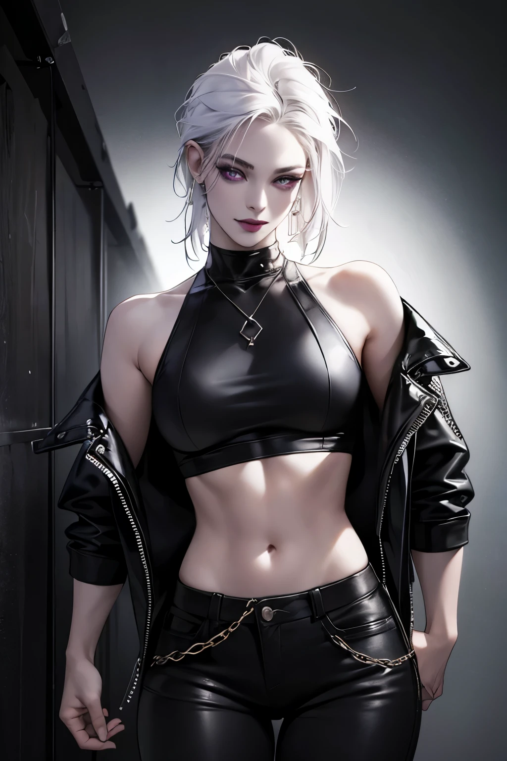 a punk girl, student, hooligan, short messy white hair, purple eyes, black punk clothes, punk, chains, black sleeveless top, baggy black pants, sadistic smile, aggressive, dark purple lipstick, thug, (best quality,4k,8k,highres,masterpiece:1.2),ultra-detailed,(realistic,photorealistic,photo-realistic:1.37),cinematic lighting,dramatic shadows,gothic,dark fantasy,moody,dramatic, leather jacket hanging from the shoulders pumped up muscles