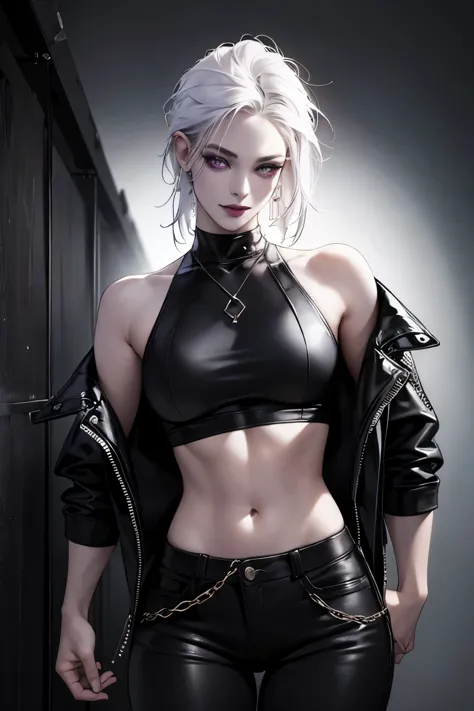 a punk girl, student, hooligan, short messy white hair, purple eyes, black punk clothes, punk, chains, black sleeveless top, bag...