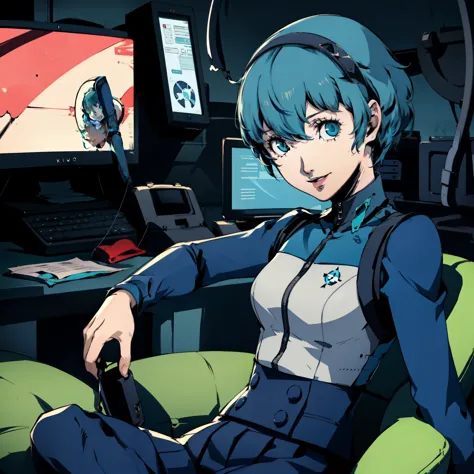 ((p3 yamagishi fuuka)),masterpiece, ((best quality)),((1 girl)), blue eyes, light aqua hair, female , tomboy pixie haircut, deep...