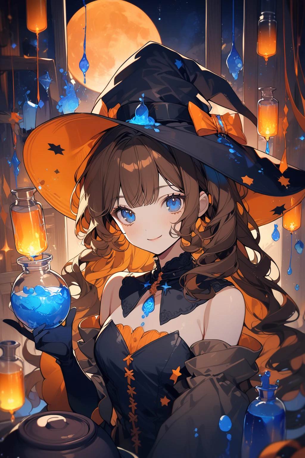 1 girl, CuteStyle, upper body, blue eyes, brown hair, long hair with bangs, witch hat, witch costume, bare shoulders, separate sleeves, neckline, neckline, black gloves, short black mini dress, black stockings, bulging skin from stockings, looks at the viewer, sly smile, sly look, indoors, a cauldron with blue liquid, many flasks, orange-blue lighting, night outside, full blue moon, diamond walls, dark, dust motes flying in the air, detailed, beautiful, delicate tones