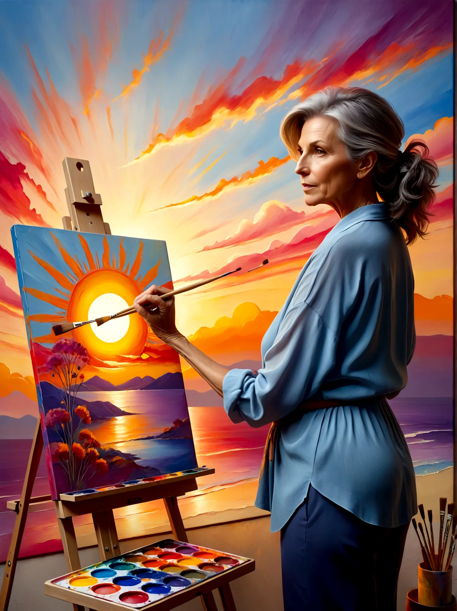 (Sunrise Time:1.6), A middle-aged Caucasian woman dressed in casual clothing is standing in front of a canvas placed on an easel...