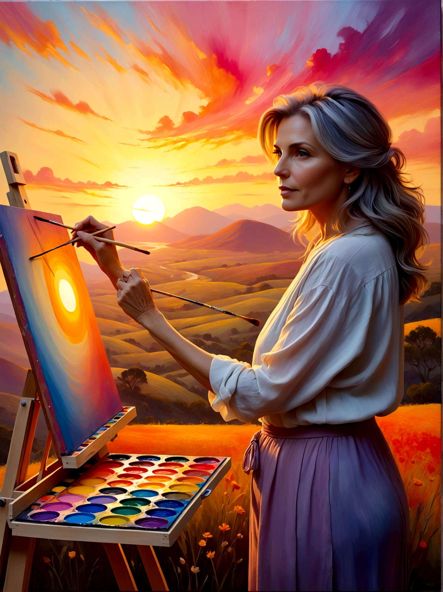 (Sunrise Time:1.6), A middle-aged Caucasian woman dressed in casual clothing is standing in front of a canvas placed on an easel. She holds a set of paintbrushes and a palette full of vibrant colors, mimicking the hues of the sunrise. Her gaze is focused, and her hand is in mid-motion, capturing the breathtaking scene before her. The morning sky is a blend of soft oranges, pinks, and purples, fading into the clear, light blue of the incoming day. The sun is barely peeking over the horizon, casting a warm, embracing light over the quiet, serene landscape, The perspective is from a wide-angle view emphasizing the immense scope of the breathtaking landscape filled with natural elements, The image should evoke a sense of drama and magnitude with the effective use of light and shade