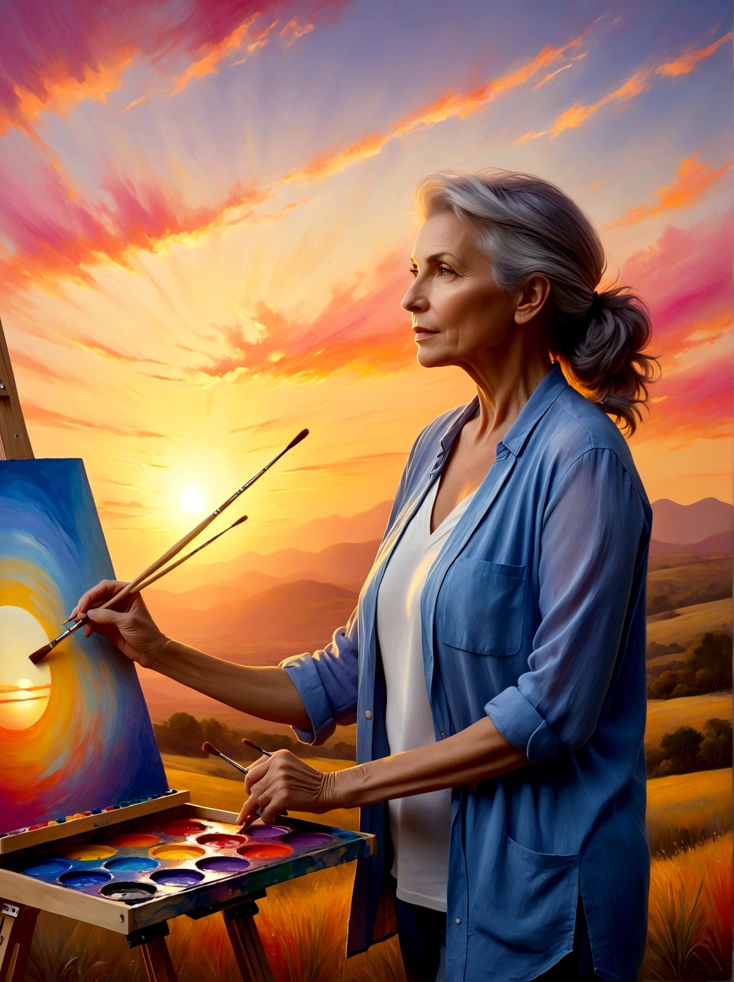 (Sunrise Time:1.6), A middle-aged Caucasian woman dressed in casual clothing is standing in front of a canvas placed on an easel. She holds a set of paintbrushes and a palette full of vibrant colors, mimicking the hues of the sunrise. Her gaze is focused, and her hand is in mid-motion, capturing the breathtaking scene before her. The morning sky is a blend of soft oranges, pinks, and purples, fading into the clear, light blue of the incoming day. The sun is barely peeking over the horizon, casting a warm, embracing light over the quiet, serene landscape, The perspective is from a wide-angle view emphasizing the immense scope of the breathtaking landscape filled with natural elements, The image should evoke a sense of drama and magnitude with the effective use of light and shade