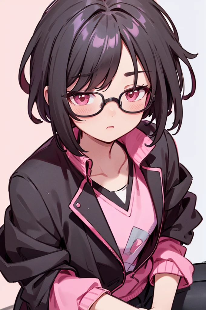 black pants, Sharp image, man, Black hair with pink ends, wearing a pink jacket. , has a dull, bored face, wears round glasses, has short, neat hair,