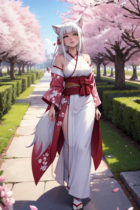 A young white haired wolf woman with green eyes and white wolf ears and a white wolf tail in a prettty kimono is  blushing while...