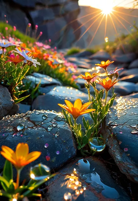 the first rays of sunlight in the morning，cliff，dew drops on beautiful flowers in cracks of rocks，(sunrise)，beautiful picture，hd...