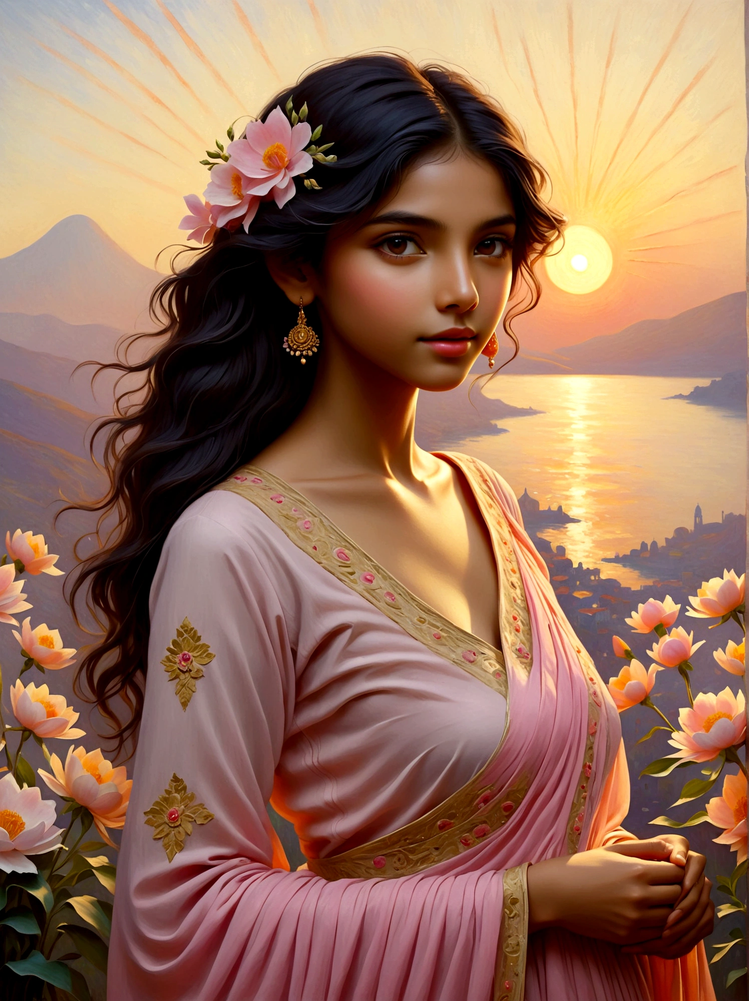 (Sunrise Time:1.6), Imagine a tranquil landscape at dawn, the sky adorned with the soft hues of pink, orange, and yellow. In this peaceful scene, see a young girl, captivating with her South Asian descent. She is posed serenely, showcasing an intricate dress ingeniously fashioned from an assortment of beautiful flowers that have just begun to bloom with the morning light. To complement a reference to the style of art, the entire scene should borrow inspiration from the Impressionist movement, with its emphasis on capturing the gentle light of dawn and its changing qualities, a characteristic feature of Monet's work. The medium predominantly used should be oil paints, mimicking vibrant strokes and a rich color palette that reflects the freshness of the morning