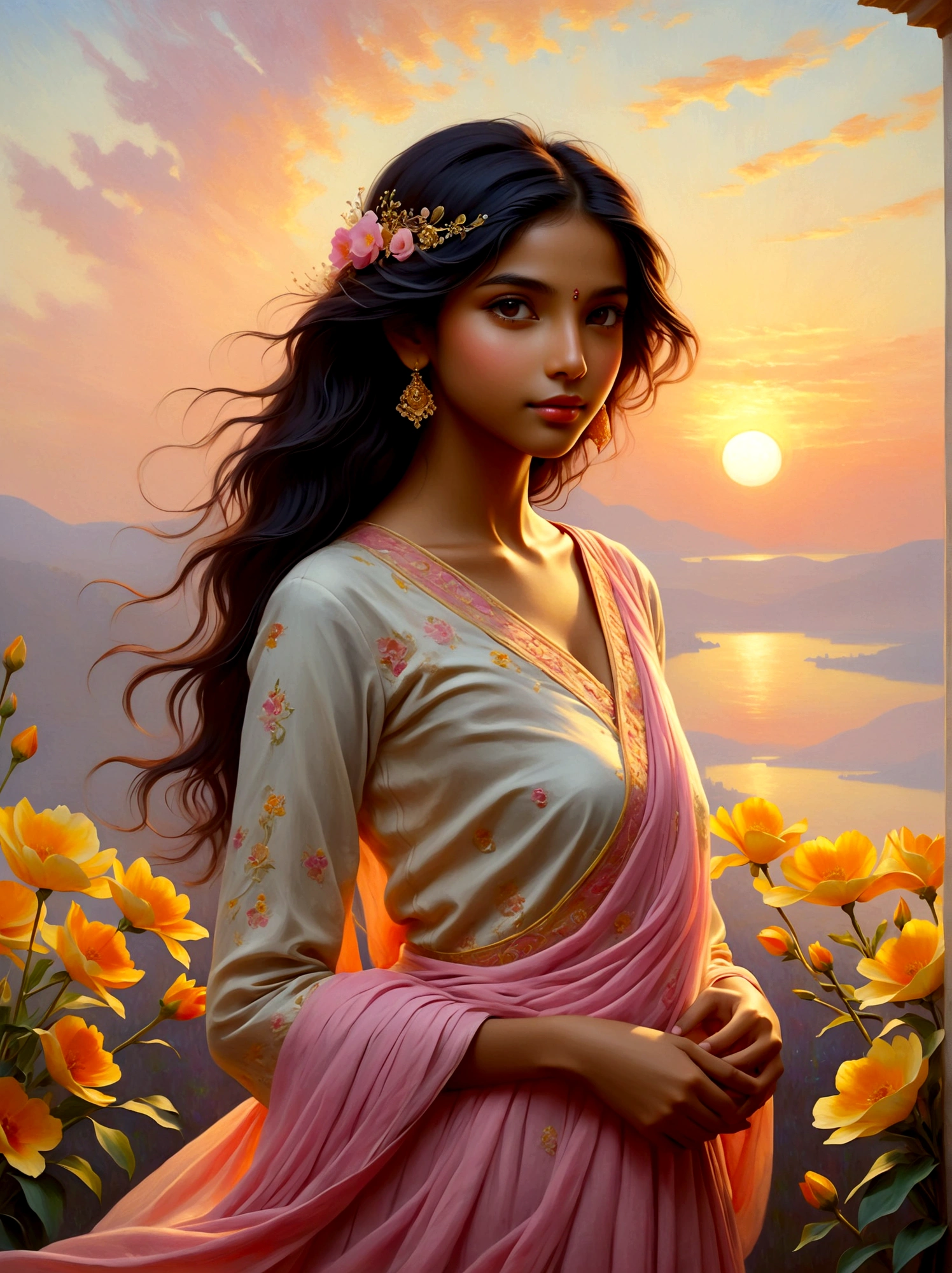 (وقت شروق الشمس:1.6), تخيل المناظر الطبيعية الهادئة عند الفجر, السماء مزينة بألوان ناعمة من اللون الوردي, البرتقالي, والأصفر. في هذا المشهد السلمي, رؤية فتاة صغيرة, آسرة مع أصلها من جنوب آسيا. لقد تم وضعها بهدوء, يعرض فستانًا معقدًا تم تصميمه ببراعة من مجموعة متنوعة من الزهور الجميلة التي بدأت للتو تتفتح مع ضوء الصباح. لاستكمال إشارة إلى أسلوب الفن, يجب أن يستلهم المشهد بأكمله من الحركة الانطباعية, مع تركيزها على التقاط ضوء الفجر اللطيف وصفاته المتغيرة, سمة مميزة لعمل مونيه. يجب أن تكون الوسيلة المستخدمة في الغالب هي الدهانات الزيتية, يحاكي ضربات نابضة بالحياة ولوحة ألوان غنية تعكس نضارة الصباح