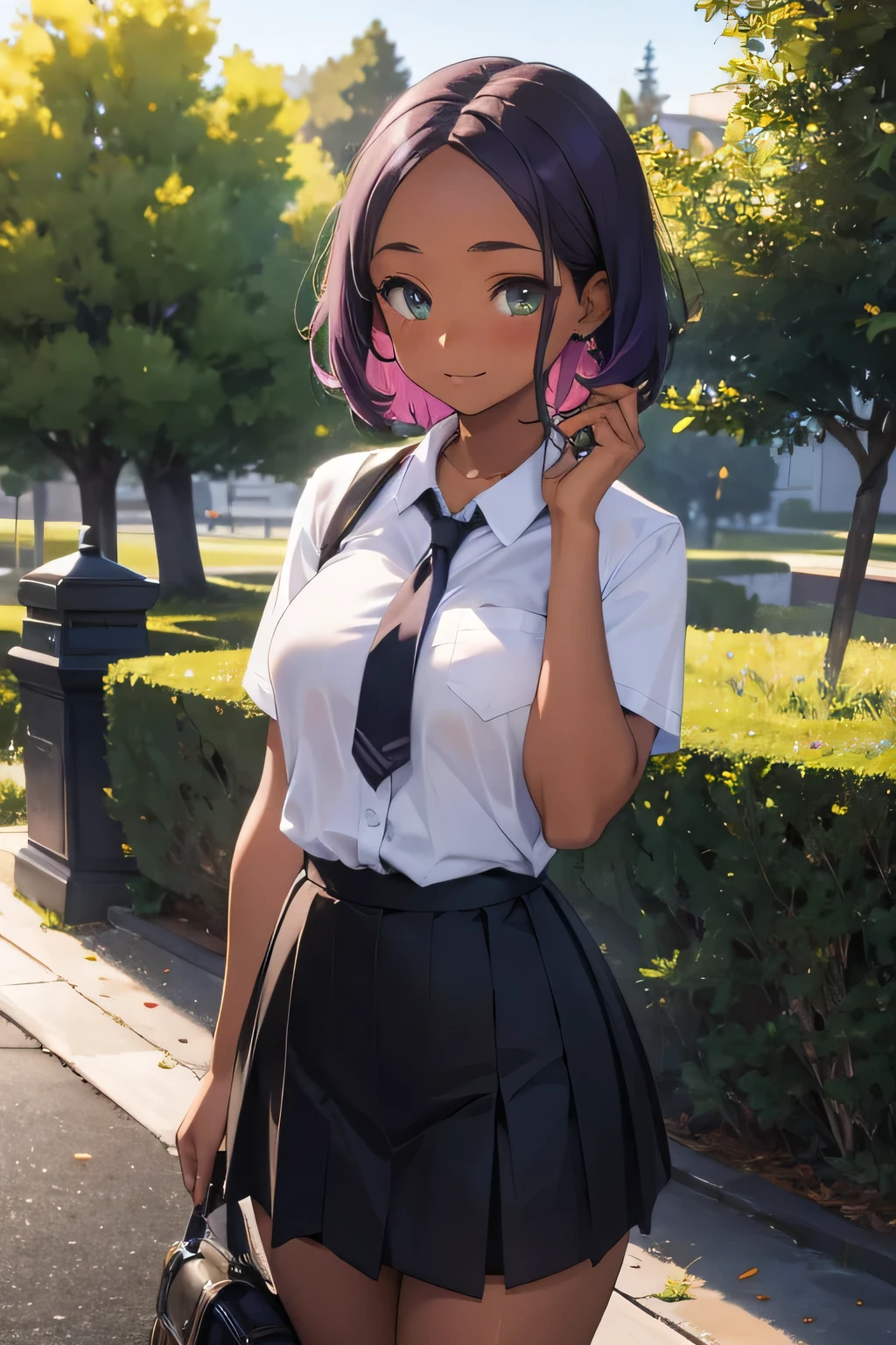 1 girl, single girl, cute, dark skin, tanned skin, short purple hair, green eyes, blushing, chubby, somewhat large breasts, high , black skirt up to the knees, high school, park