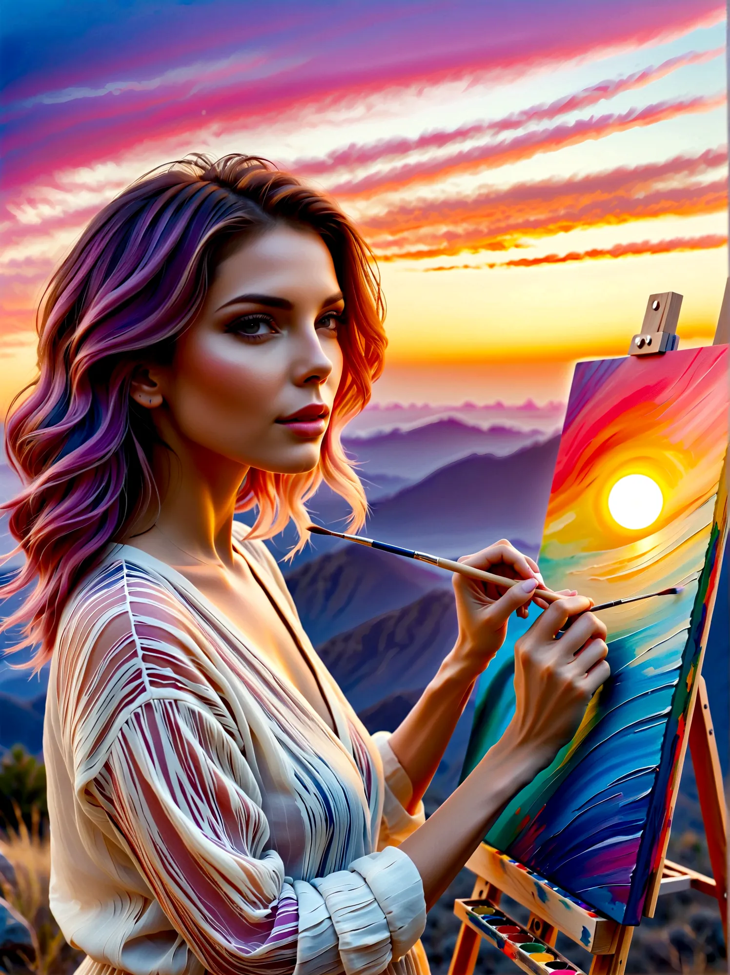 (Sunrise Time:1.6), A middle-aged Caucasian woman dressed in casual clothing is standing in front of a canvas placed on an easel...