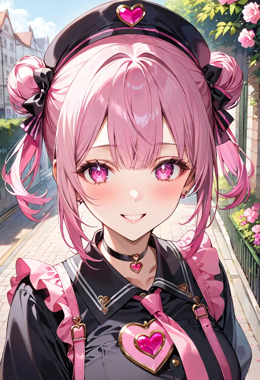 masterpiece, best quality, ultra detailed, sparkling eyes, beautiful detailed eyes, A close-up portrait of a young woman with pink hair styled in twin buns. She has large, bright pink eyes with a playful and confident smile. Her cheeks are lightly blushed, and she has a small beauty mark under her left eye. She is wearing a dark uniform-like outfit with pink accents, including a pink heart-shaped badge and a pink belt. She has a black choker with a heart-shaped charm. The background is a lively city street with flowers and greenery. The overall atmosphere is cheerful and vibrant, with natural sunlight illuminating the scene.