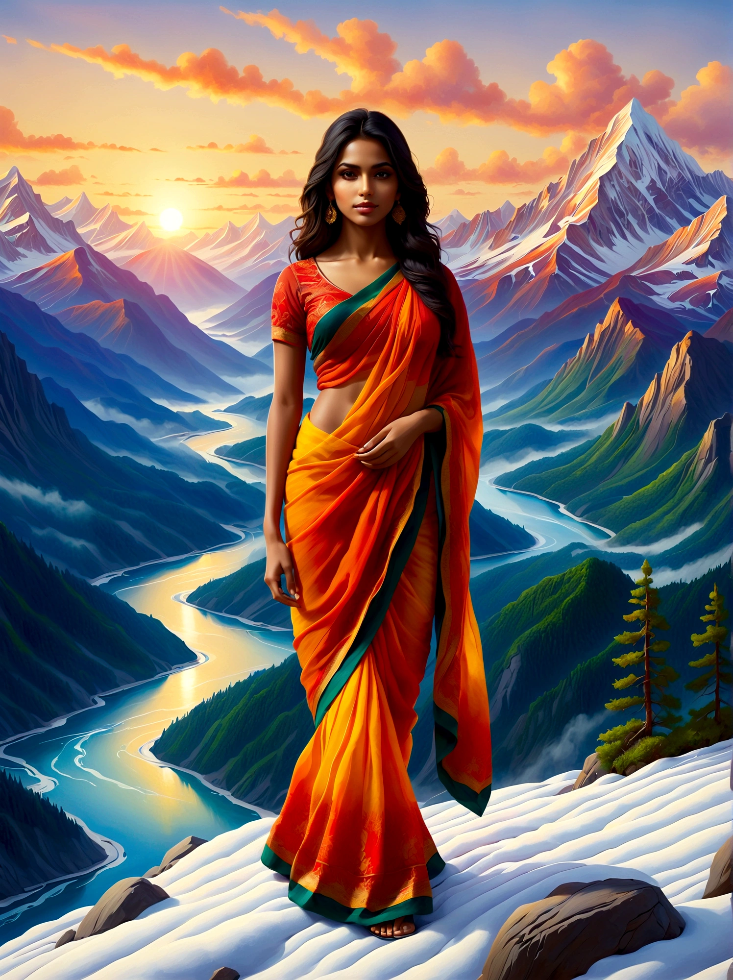 (日の出時刻:1.6), 雪を頂いた山の頂上に立つ南アジアの少女を描いた油絵を描きます. 彼女は、緑豊かな森に囲まれた周囲の壮大な景色を眺めている。, 曲がりくねった川, 霧に包まれたそびえ立つ山々. 太陽に照らされた明るい, 景色はオレンジ色に染まる, 黄色, そして赤. 作品全体は、手つかずの自然の中での孤独の静けさと、山岳風景の畏敬の念を起こさせる壮大さの両方を包含するものであるべきである。