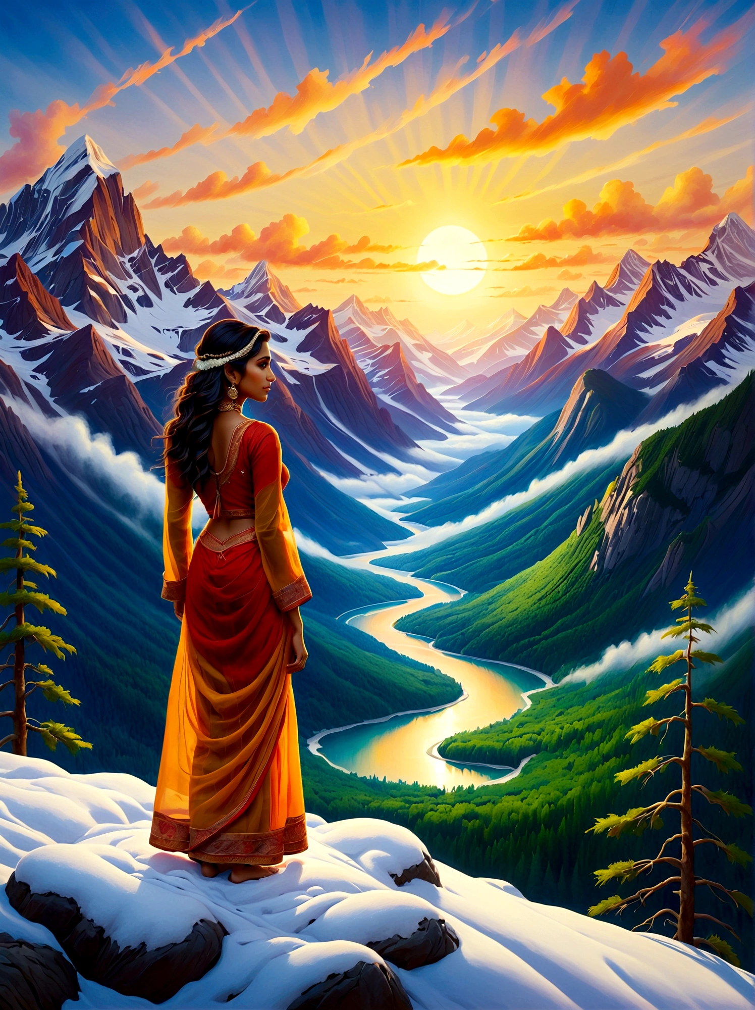 (日の出時刻:1.6), 雪を頂いた山の頂上に立つ南アジアの少女を描いた油絵を描きます. 彼女は、緑豊かな森に囲まれた周囲の壮大な景色を眺めている。, 曲がりくねった川, 霧に包まれたそびえ立つ山々. 太陽に照らされた明るい, 景色はオレンジ色に染まる, 黄色, そして赤. 作品全体は、手つかずの自然の中での孤独の静けさと、山岳風景の畏敬の念を起こさせる壮大さの両方を包含するものであるべきである。