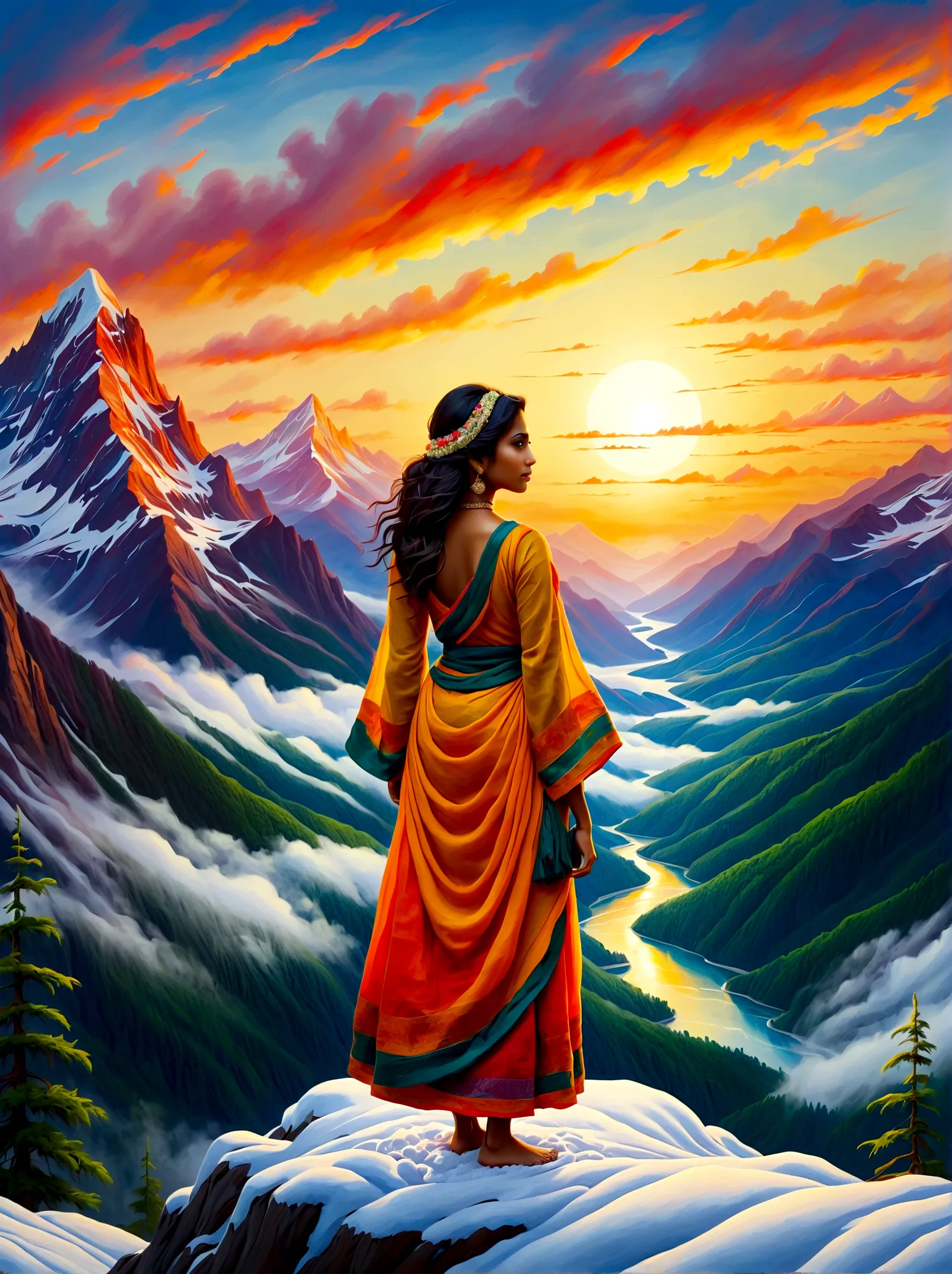 (Sunrise Time:1.6), Craft an oil painting depicting a South Asian girl as she stands atop a snow-capped mountain. She gazes at t...