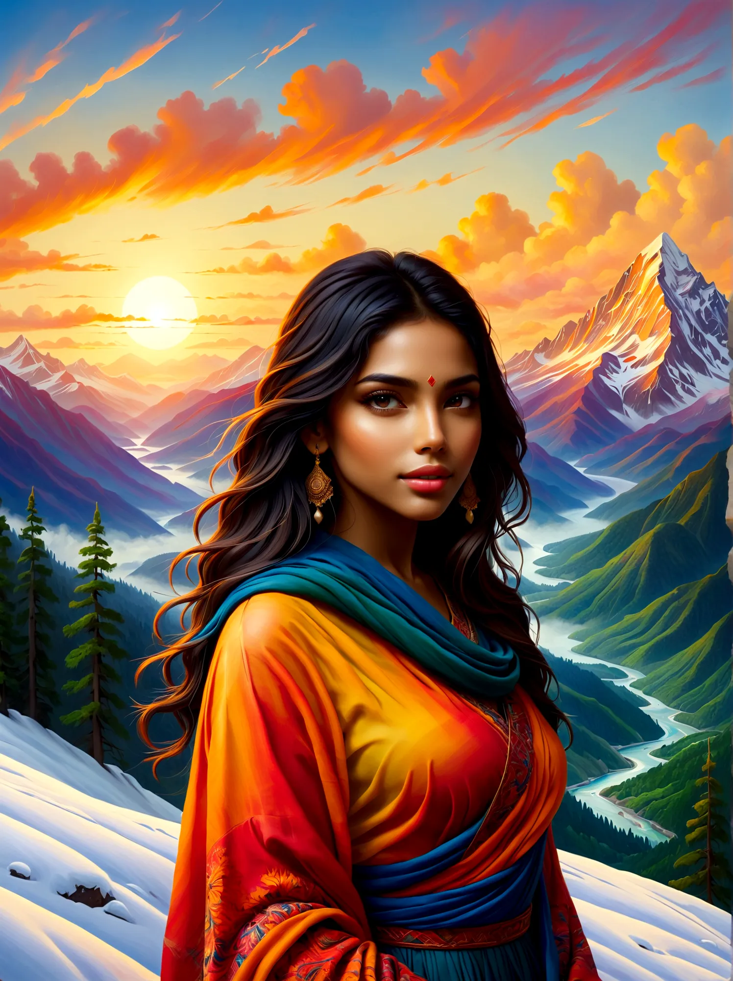 (Sunrise Time:1.6), Craft an oil painting depicting a South Asian girl as she stands atop a snow-capped mountain. She gazes at t...