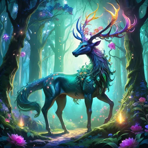 Envision a medieval fantasy creature emerging from the depths of an enchanted forest. This creature, a blend of majestic and mys...