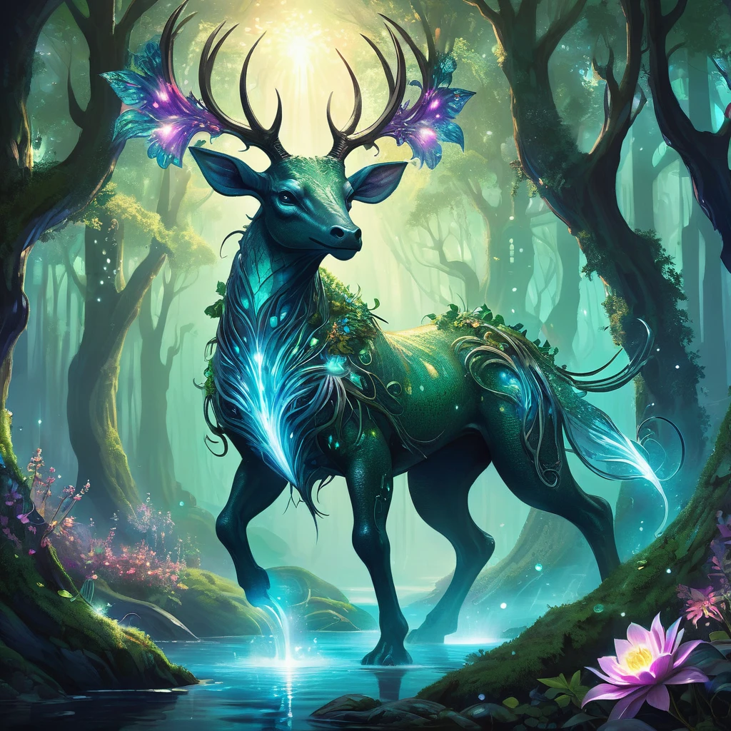 Envision a medieval fantasy creature emerging from the depths of an enchanted forest. This creature, a blend of majestic and mystical, stands tall on powerful, sinewy legs, its body covered in scales that shimmer with iridescent colors. Its eyes, glowing with an inner light, reflect the wisdom and magic of the ancient forest. Antlers adorned with vines and blooming flowers rise from its head, adding to its regal appearance. The creature moves with a graceful yet formidable presence, its breath visible in the cool, magical air. Surrounding it, the forest teems with life—glowing flora, ethereal fireflies, and whispering trees that seem to communicate with the creature. Capture the essence of this mythical being as it roams its enchanted realm, embodying the harmony and mystique of the medieval fantasy world.