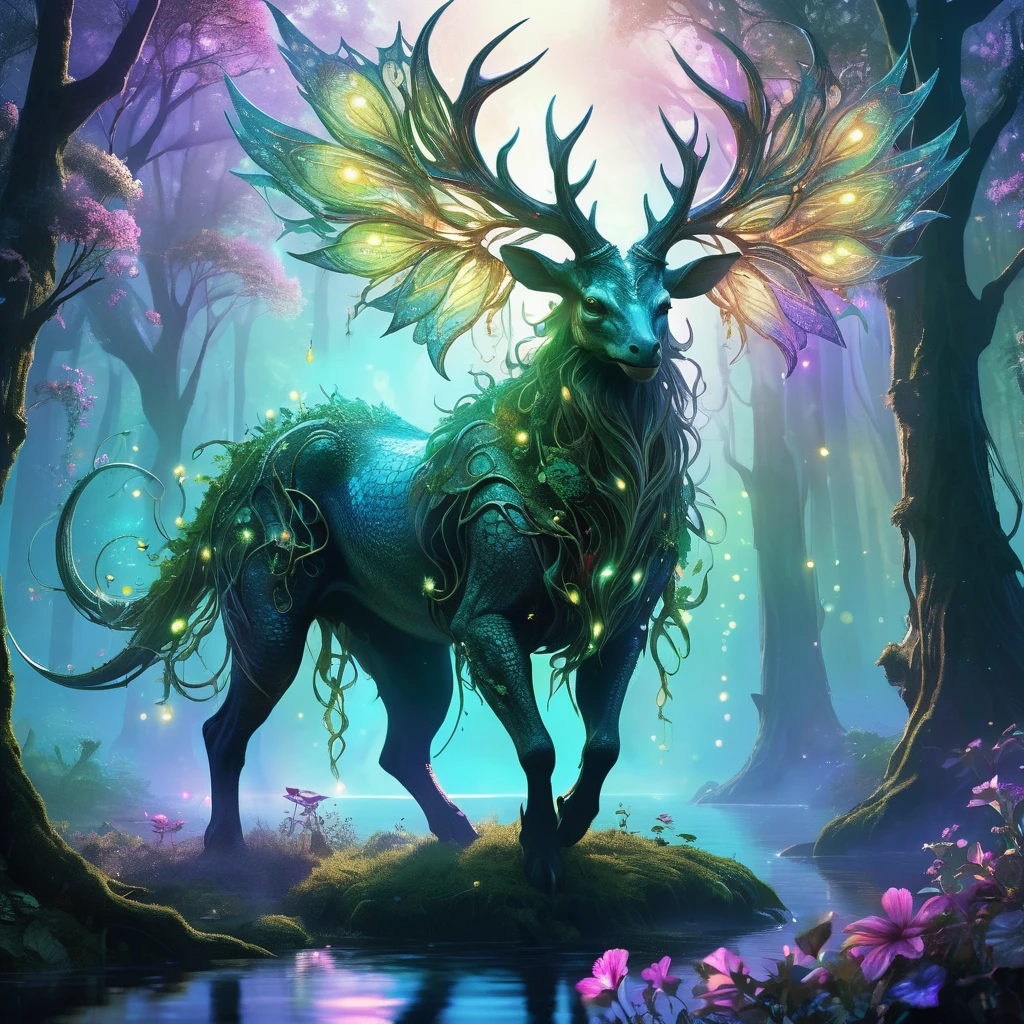 Envision a medieval fantasy creature emerging from the depths of an enchanted forest. This creature, a blend of majestic and mystical, stands tall on powerful, sinewy legs, its body covered in scales that shimmer with iridescent colors. Its eyes, glowing with an inner light, reflect the wisdom and magic of the ancient forest. Antlers adorned with vines and blooming flowers rise from its head, adding to its regal appearance. The creature moves with a graceful yet formidable presence, its breath visible in the cool, magical air. Surrounding it, the forest teems with life—glowing flora, ethereal fireflies, and whispering trees that seem to communicate with the creature. Capture the essence of this mythical being as it roams its enchanted realm, embodying the harmony and mystique of the medieval fantasy world.