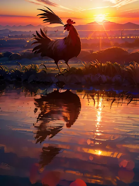 ((Beautiful sunrise scenery:1.9))、(The rooster on the tiled roof crows loudly:1.4)、A port town shrouded in morning mist、Close an...