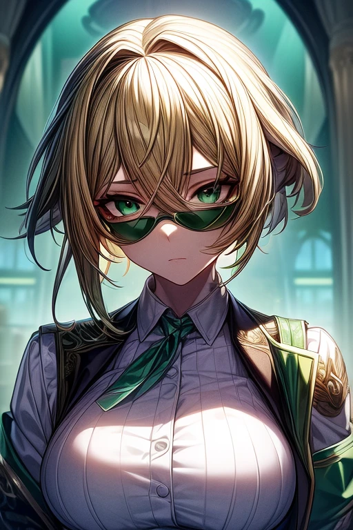 (masterpiece, best quality, perfect face, expressive eyes), 1girl, (anime), (adult), green eyes, (blonde hair), green armband, white business suit, (green-tinted sunglasses),  intricate details, 