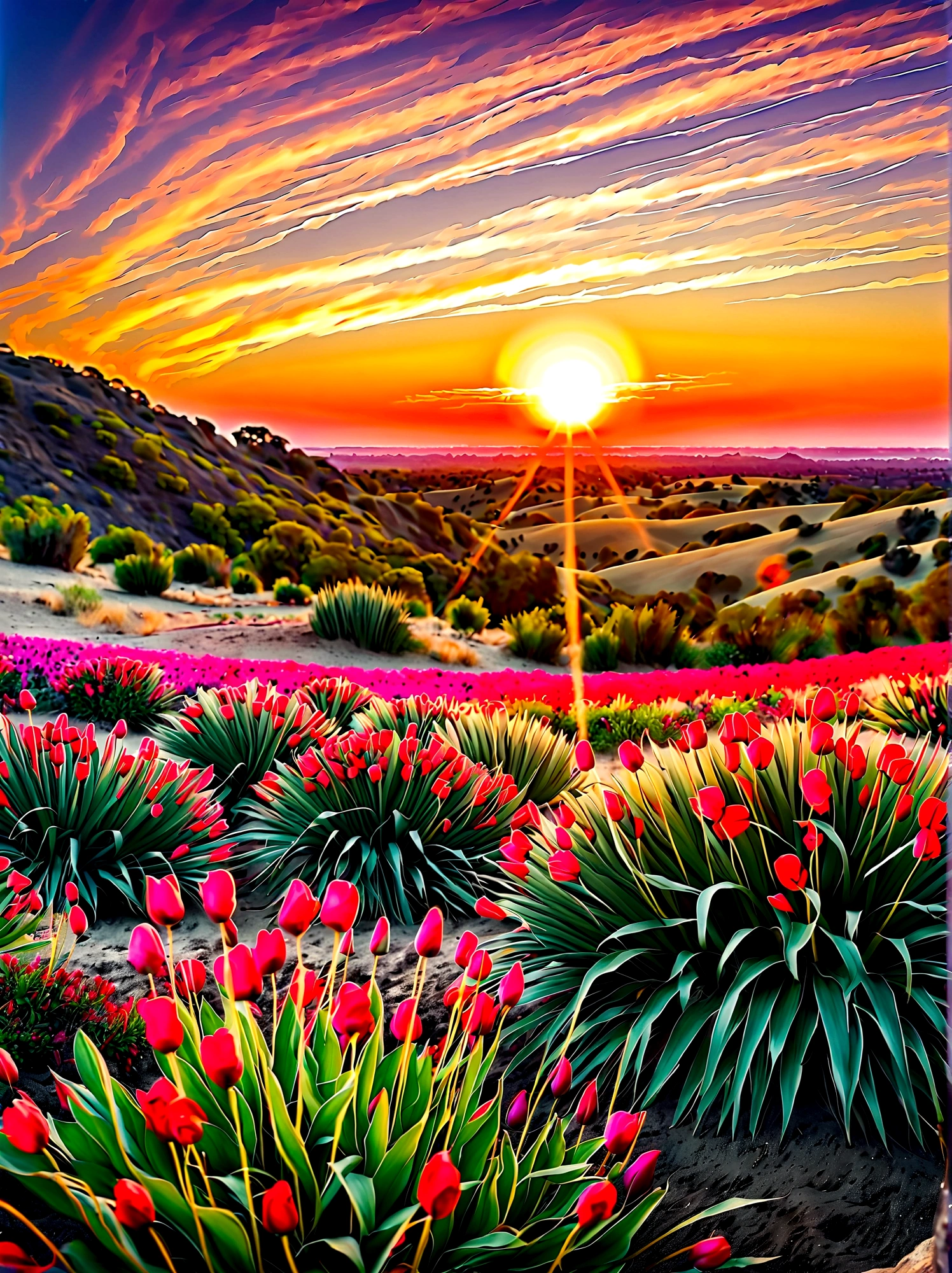 (夜明けの日の出時刻:1.6)，素晴らしい日の出と澄み切った穏やかな朝の空. 太陽が地平線から顔を出し始めた, its 金en rays illuminating the sky in radiant hues of orange and pink. 太陽そのものは魅力的な丸い火の玉のように見える, 雄大な色のグラデーションを通して視覚的に感じられる暖かさ. ゆっくり, 上昇し始める, 地上の世界に新たな光とエネルギーをもたらす. 鮮やかな黄色の色合い, 金, そして赤は太陽の生命力の象徴です. その間, 夜の残り, 深い紫と青, この美しい朝の情景の端にまだ残っている, 戻ってくるのを待っているが、今のところ, 雄大な太陽の栄光を祝う, 視点は広角ビューで、自然の要素に満ちた息を呑むような風景の広大な範囲を強調しています。, 画像は光と影を効果的に使用してドラマチックさと壮大さを感じさせるものでなければならない。.