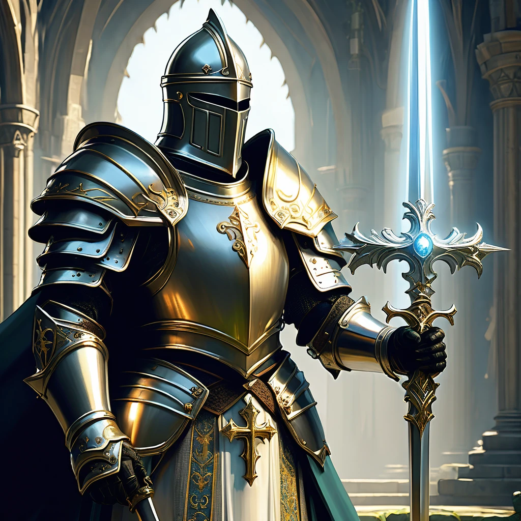 Visualize a medieval fantasy holy knight paladin standing resolute in the midst of a serene, sacred glade. Clad in gleaming, silver armor adorned with golden inlays and divine symbols, the paladin exudes an aura of righteous power and unwavering faith. In one hand, they grip a radiant sword, its blade shining with a holy light that seems to banish the surrounding shadows. The hilt is intricately designed, featuring a cross-guard embedded with precious gems that pulse with divine energy. In the other hand, the paladin holds a shield emblazoned with the emblem of their order, symbolizing protection and justice. The serene backdrop of the glade, with its ancient trees and gently glowing flora, enhances the sense of peace and sanctity. Capture the essence of valor and piety as this holy knight stands ready to defend the realm against the forces of darkness in a medieval fantasy world."