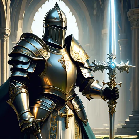 Visualize a medieval fantasy holy knight paladin standing resolute in the midst of a serene, sacred glade. Clad in gleaming, sil...
