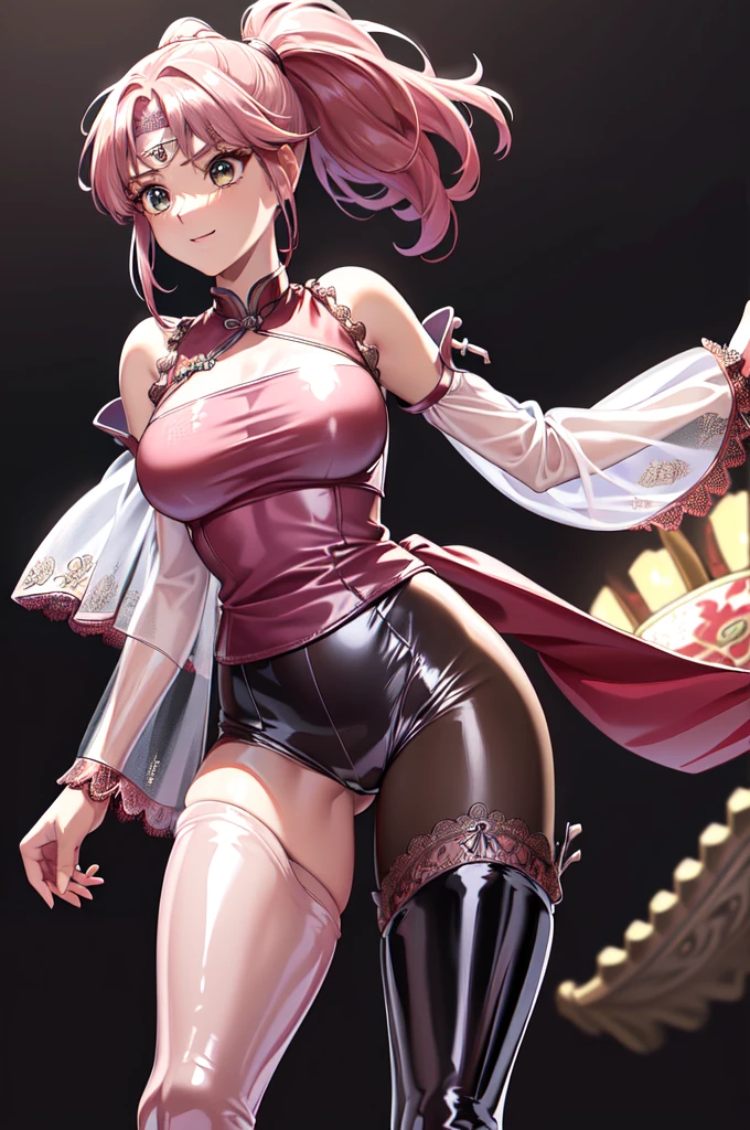 1girl,solo,cowboy shot,standard height,standing,(pink hair:1.2),long hair,ponytail,parted bangs, circlet, headband,(brown eyes:1.2),(beautiful fingers:1.6),(perfect anatomy:1.4),(arms_behind_back:1.6),(cold_shoulder:1.2),(red lace glossy silk lamé china clothes:1.6),(latex luster shiny glossy metallic:1.4),(shiny_clothes:1.4),masterpiece,best quality,(Ultra high definition eyes:1.2),8k,(Beautiful detailed eyes:1.2),(Fine and beautiful eyes:1.2),(pretty eyes:1.2),finely detail,extremely CG, absurdres,high resolution,illustration,Detailed and beautiful outlines,finely detail,high resolution,(colorful refraction:1.4,Increase saturation:1.2),beautiful lighting,dynamic lighting,closed room,black background,simple background, smile,looking at viewer,(white Clear PVC sheets sleeves:1.4),(sheer sleeves:1.4),(see-through sleeves:1.4),(wide sleeves:1.2),(pink thigh boots)