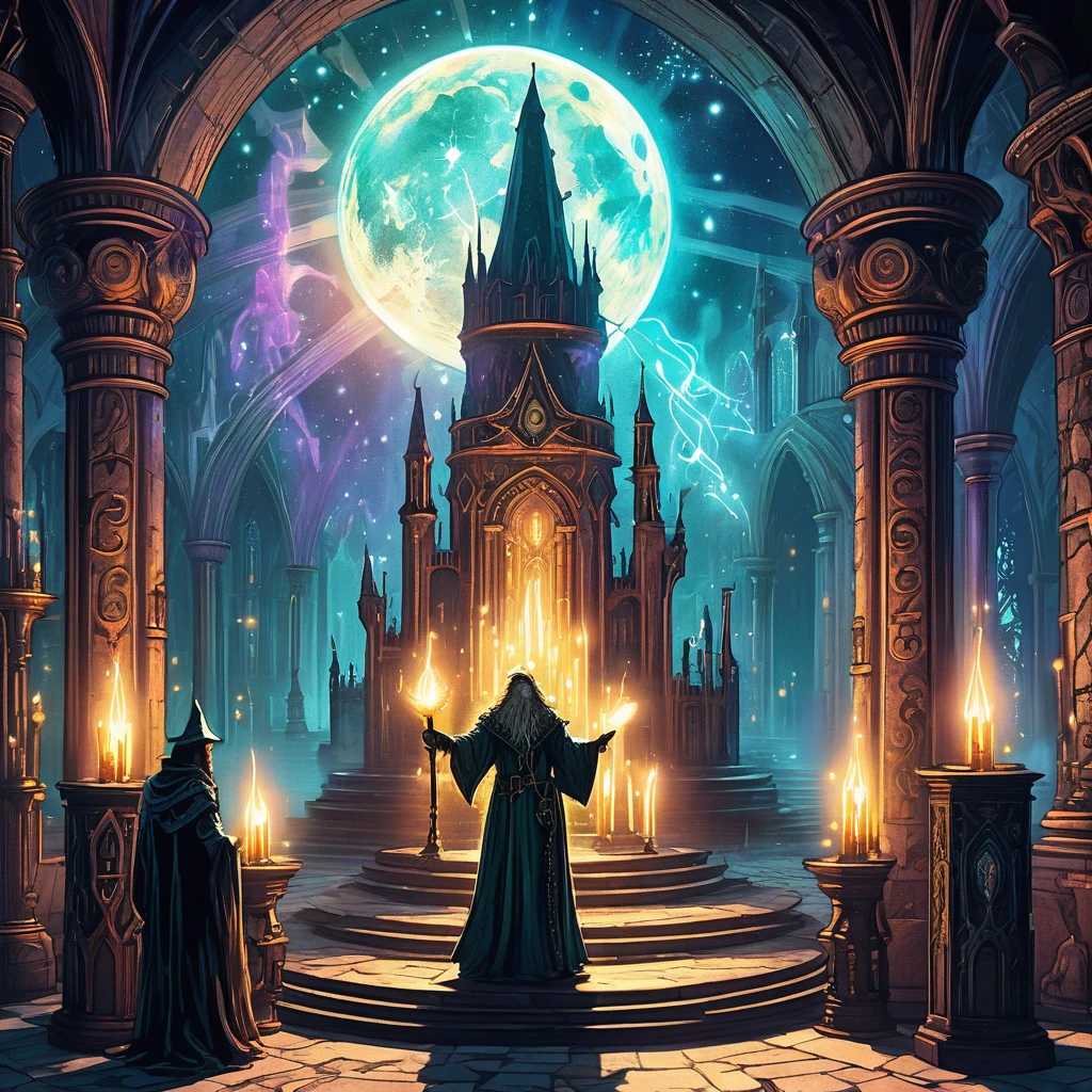 Imagine a medieval wizard standing at the apex of a towering stone spire, surrounded by arcane tomes and mystical artifacts. The room is dimly lit, with the flickering glow of enchanted candles casting dancing shadows on the walls adorned with ancient runes and magical symbols. The wizard, clad in flowing robes embroidered with celestial patterns, holds a staff topped with a glowing crystal that pulses with otherworldly energy. Around the room, enchanted objects levitate gently—quills scribbling in dusty grimoires, glowing orbs floating in mid-air, and potions bubbling with vibrant colors. The tower's high, arched windows offer a breathtaking view of the night sky, filled with twinkling stars and a glowing moon, further enhancing the mystical atmosphere. Capture the essence of wisdom and arcane power as the wizard prepares to weave powerful spells and delve into the mysteries of the medieval fantasy world."